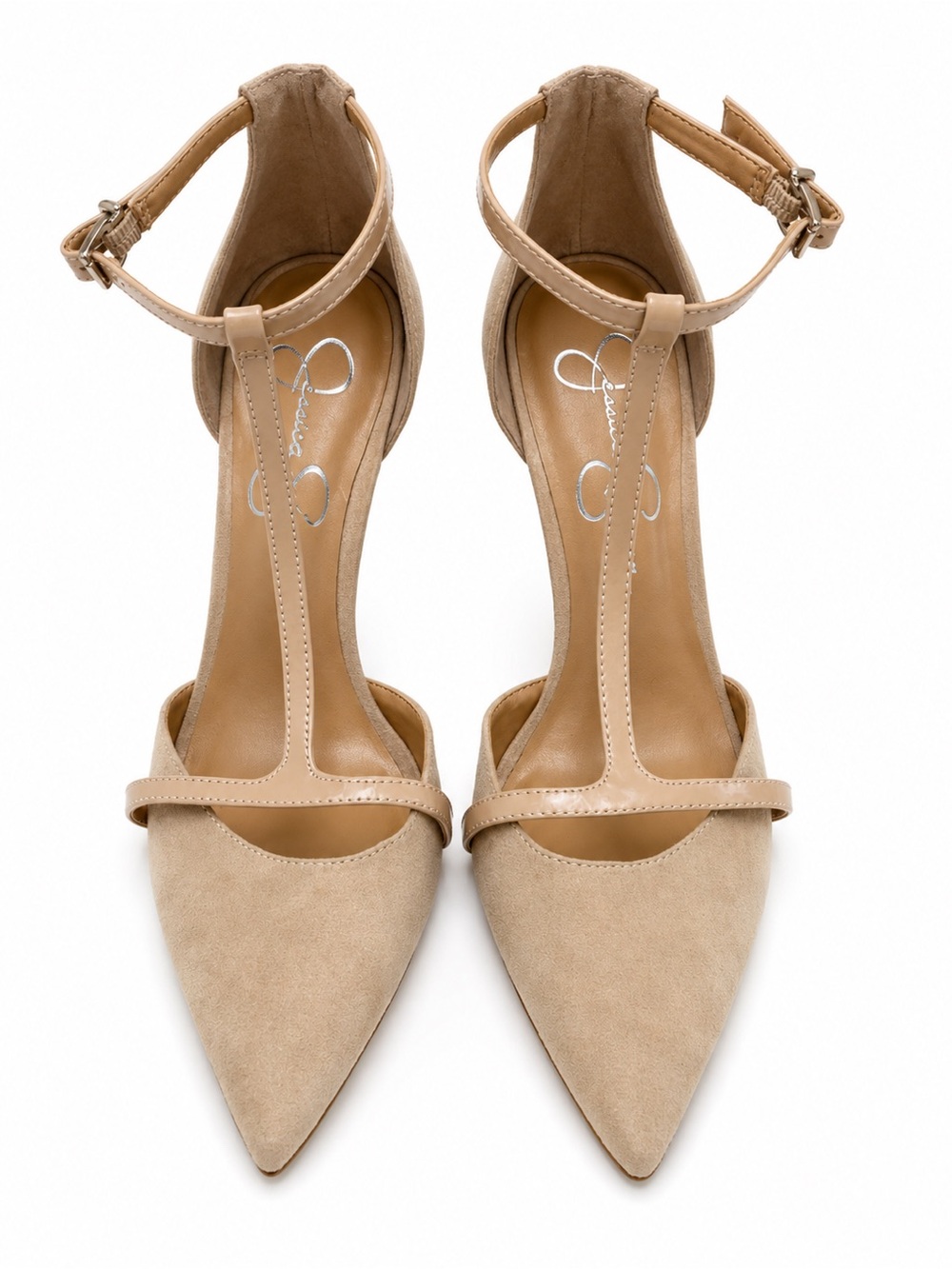 Jessica Simpson Beige T-Strap Pointed Toe Heels